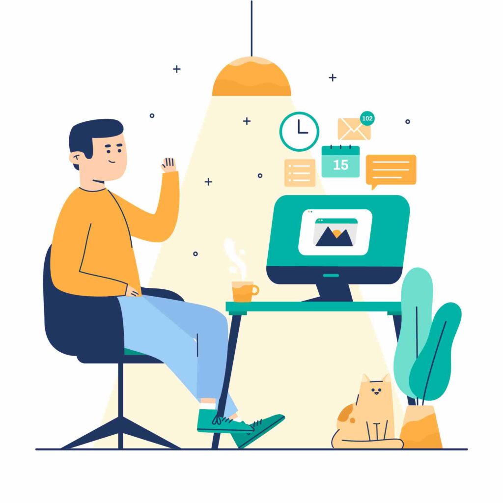 Illustration of a professional working at a desk with a computer, showing digital notifications, calendar, email icons, and productivity tools in a modern flat design.